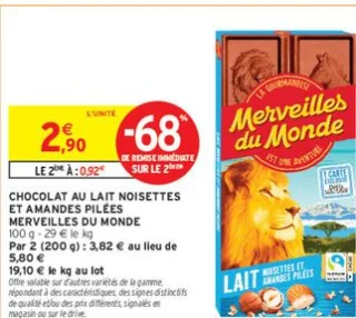 CHOCOLAT AU LAIT NOISETTES ET AMANDES PILÉES MERVEILLES DU MONDE
