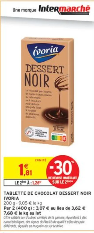 Ivoria Tablette de chocolat dessert noir