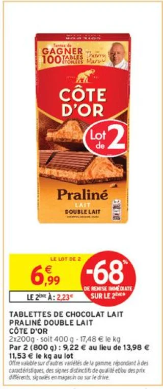 Côte d'Or Tablettes de chocolat lait praliné double lait