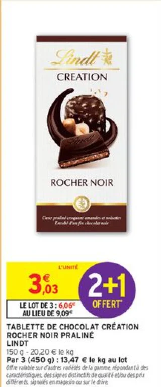 Lindt Tablette de chocolat Création Rocher Noir Praliné