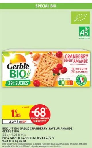 BISCUIT BIO SABLE CRANBERRY SAVEUR AMANDE GERBLÉ BIO
