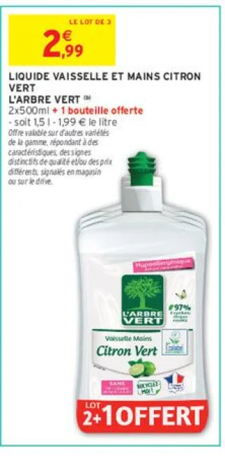 LIQUIDE VAISSELLE ET MAINS CITRON VERT L'ARBRE VERT 2x500ml + 1 bouteille offerte