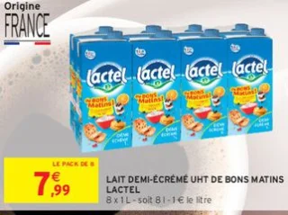 Lait demi-écrémé UHT de Bons Matins Lactel
