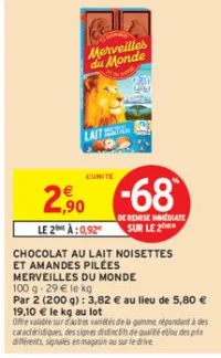 CHOCOLAT AU LAIT NOISETTES ET AMANDES PILÉES MERVEILLES DU MONDE