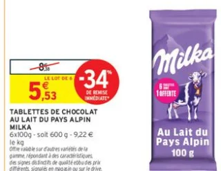 Tablettes de chocolat au lait du pays alpin Milka