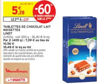 Tablettes de chocolat lait noisettes Lindt