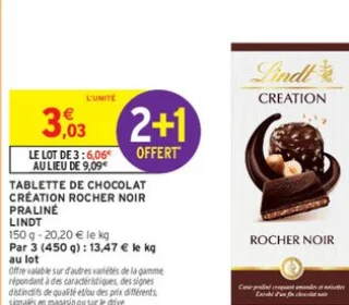 Tablette de chocolat Création Rocher Noir Praliné Lindt