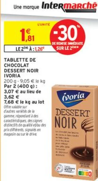 Tablette de chocolat dessert noir Ivoria