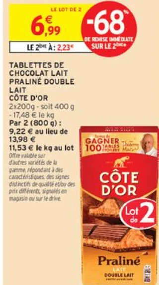 Tablettes de chocolat lait praliné double lait Côte d'Or