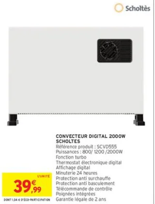 Convecteur digital 2000W Scholtès SCVD555