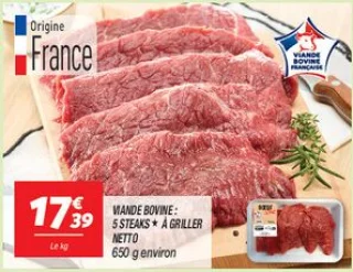 Viande bovine : 5 steaks * à griller 
