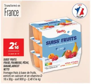Suiss' fruits fraise, framboise, pêche,banane,abricot
