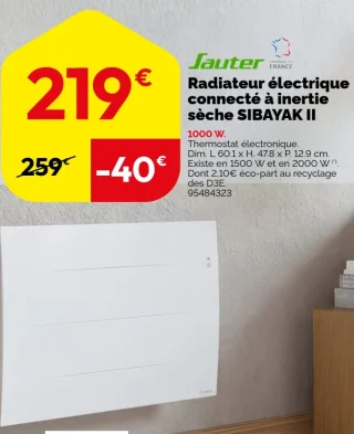 Sauter Radiateur électrique connecté à inertie sèche SIBAYAK II 1000 W
