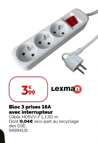 Bloc 3 prises 16A avec interrupteur Lexman