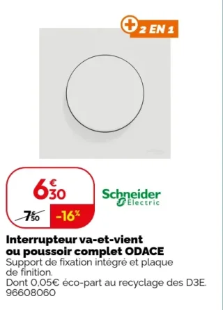 Interrupteur va-et-vient ou poussoir complet ODACE Schneider Electric