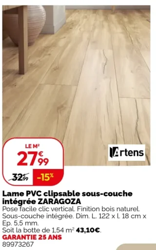 Lame PVC clipsable sous-couche intégrée ZARAGOZA Artens