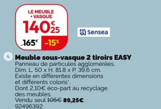 Meuble sous-vasque 2 tiroirs EASY + Plan simple vasque à poser