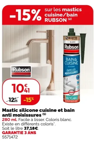 Mastic silicone cuisine et bain anti moisissures Rubson