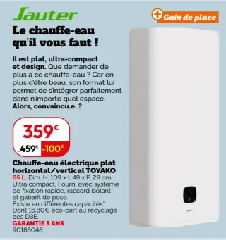 Chauffe-eau électrique plat horizontal/vertical TOYAKO Sauter