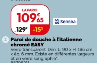 Paroi de douche à l'italienne chromé EASY Sensea