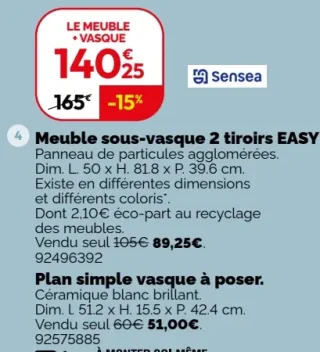 Meuble sous-vasque 2 tiroirs EASY + Plan simple vasque à poser Sensea