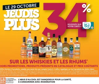 34% reversés sur votre carte U sur les whiskies et les rhums