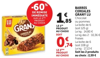 Barres Céréales Grany LU Chocolat ou pommes ou fraises