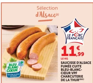 Saucisse d'Alsace fumée cuite Bleu-Blanc-Cœur VPF Charcuterie de la Thur