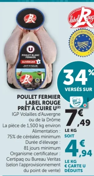 POULET FERMIER LABEL ROUGE PRÊT À CUIRE U