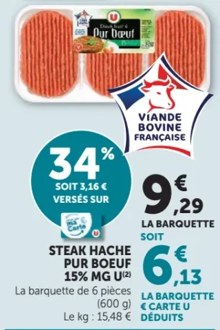 STEAK HACHE PUR BOEUF 15% MG U