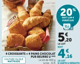 4 Croissants + 4 pains chocolat pur beurre U