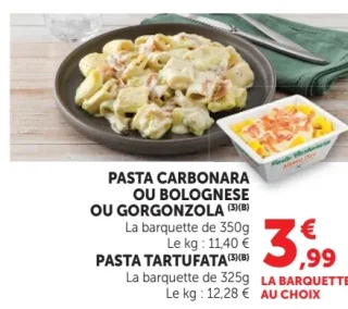 Pasta Carbonara ou Bolognese ou Gorgonzola ou Pasta Tartufata