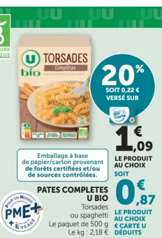 Pâtes complètes U Bio Torsades ou spaghetti