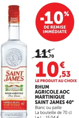 RHUM AGRICOLE AOC MARTINIQUE SAINT JAMES 40° Blanc ou paille