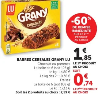 Barres Céréales Grany LU Chocolat, pommes ou fraises
