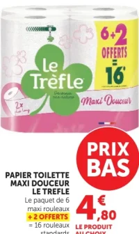 PAPIER TOILETTE MAXI DOUCEUR LE TREFLE Le paquet de 6 maxi rouleaux + 2 offerts