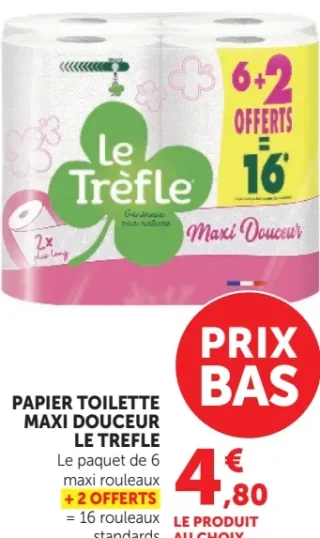 PAPIER TOILETTE MAXI DOUCEUR LE TREFLE Le paquet de 6 maxi rouleaux + 2 offerts