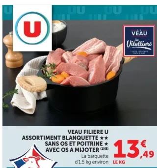 Assortiment blanquette sans os et poitrine avec os à mijoter Veau Filière U