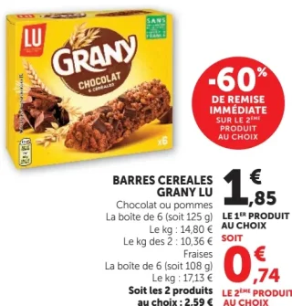 Barres cereales Grany LU Chocolat ou pommes