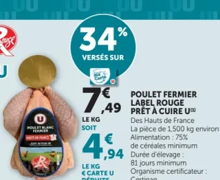 Poulet fermier Label Rouge prêt à cuire U (Hauts-de-France)
