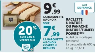 Raclette U nature ou panaché (nature/fumée/poivre)