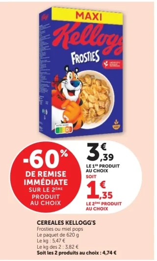 Cereales Kellogg's Frosties ou miel pops