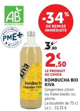 Kombucha Bio Kiva Gingembre citron ou fraise basilic ou pêche