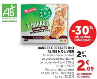 Barres Cereales Bio Aline & Olivier Amandes cajou caramel, granola peanut butter ou mini amandes caramel