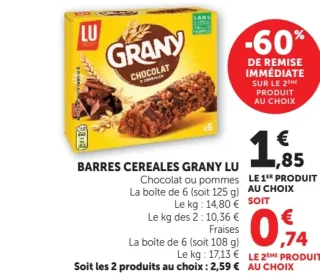 Barres Cereales Grany Lu Chocolat ou pommes, ou Fraises