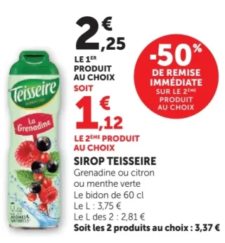Sirop Teisseire Grenadine ou citron ou menthe verte