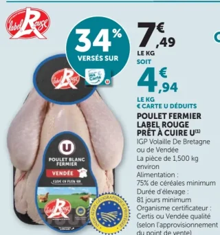 Poulet fermier Label Rouge prêt à cuire U (IGP Volaille de Bretagne ou de Vendée)