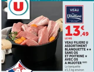 Veau Filière U Assortiment Blanquette sans os et poitrine avec os à mijoter - Les Vitelliers
