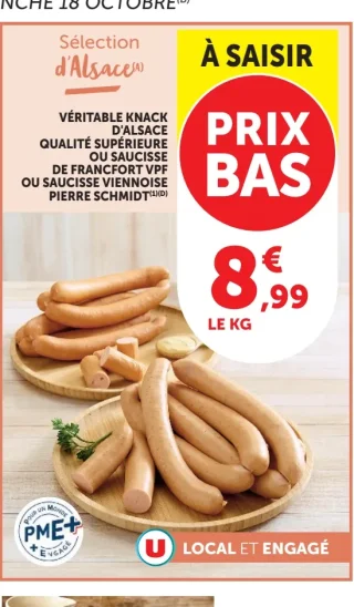 Véritable Knack d'Alsace qualité supérieure ou saucisse de Francfort VPF ou saucisse viennoise Pierre Schmidt