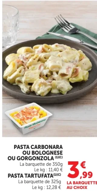 Pasta Carbonara ou Bolognese ou Gorgonzola ou Pasta Tartufata